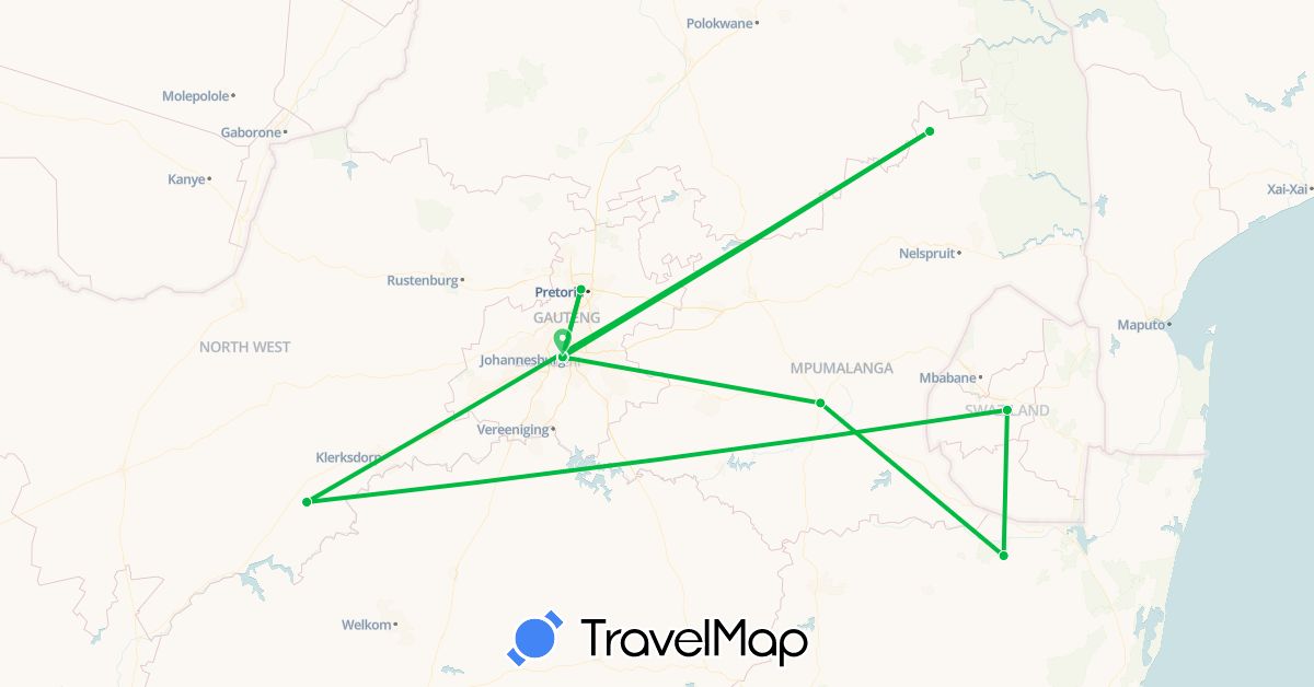 TravelMap itinerary: driving, bus in Swaziland, South Africa (Africa)