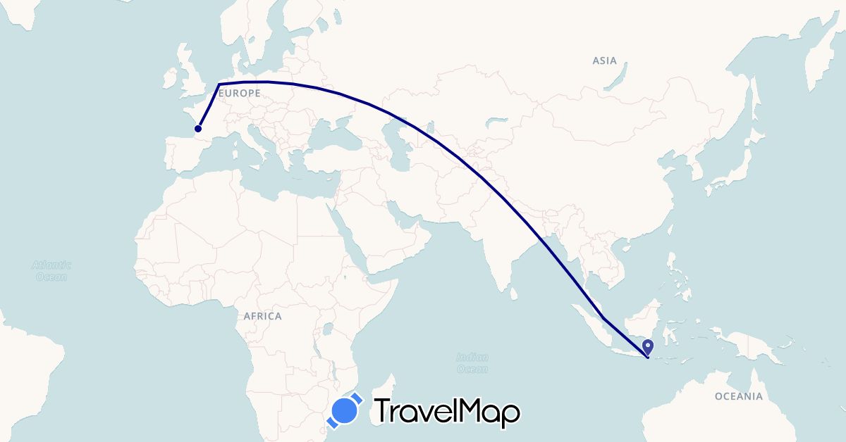 TravelMap itinerary: driving in France, Indonesia, Netherlands, Singapore (Asia, Europe)