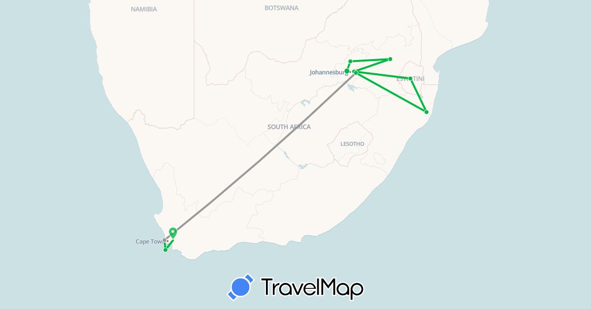 TravelMap itinerary: driving, bus, plane in Swaziland, South Africa (Africa)